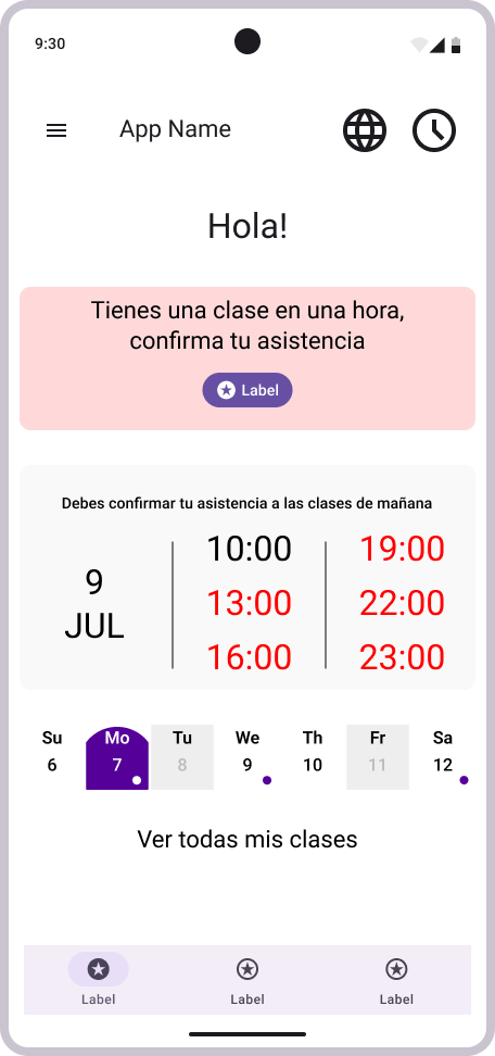 Docente - pantalla de inicio con clases del día